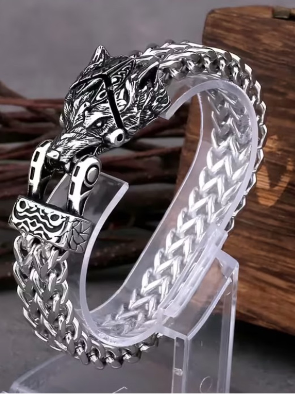 Wolf Head Mens Bracelet : Stainless Steel Viking Norse Celtic Pagan